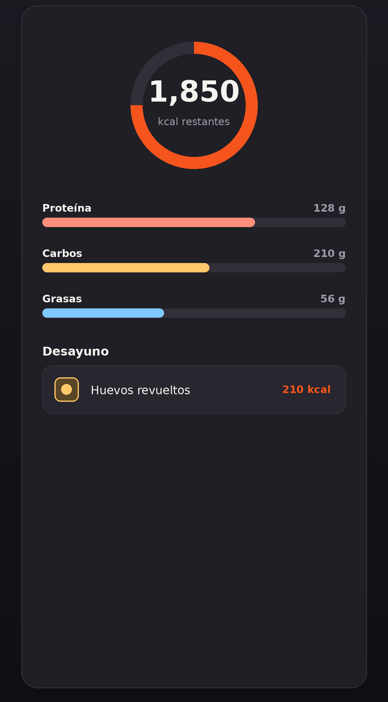 Pantalla de LIVA mostrando calorías restantes y macros del día
