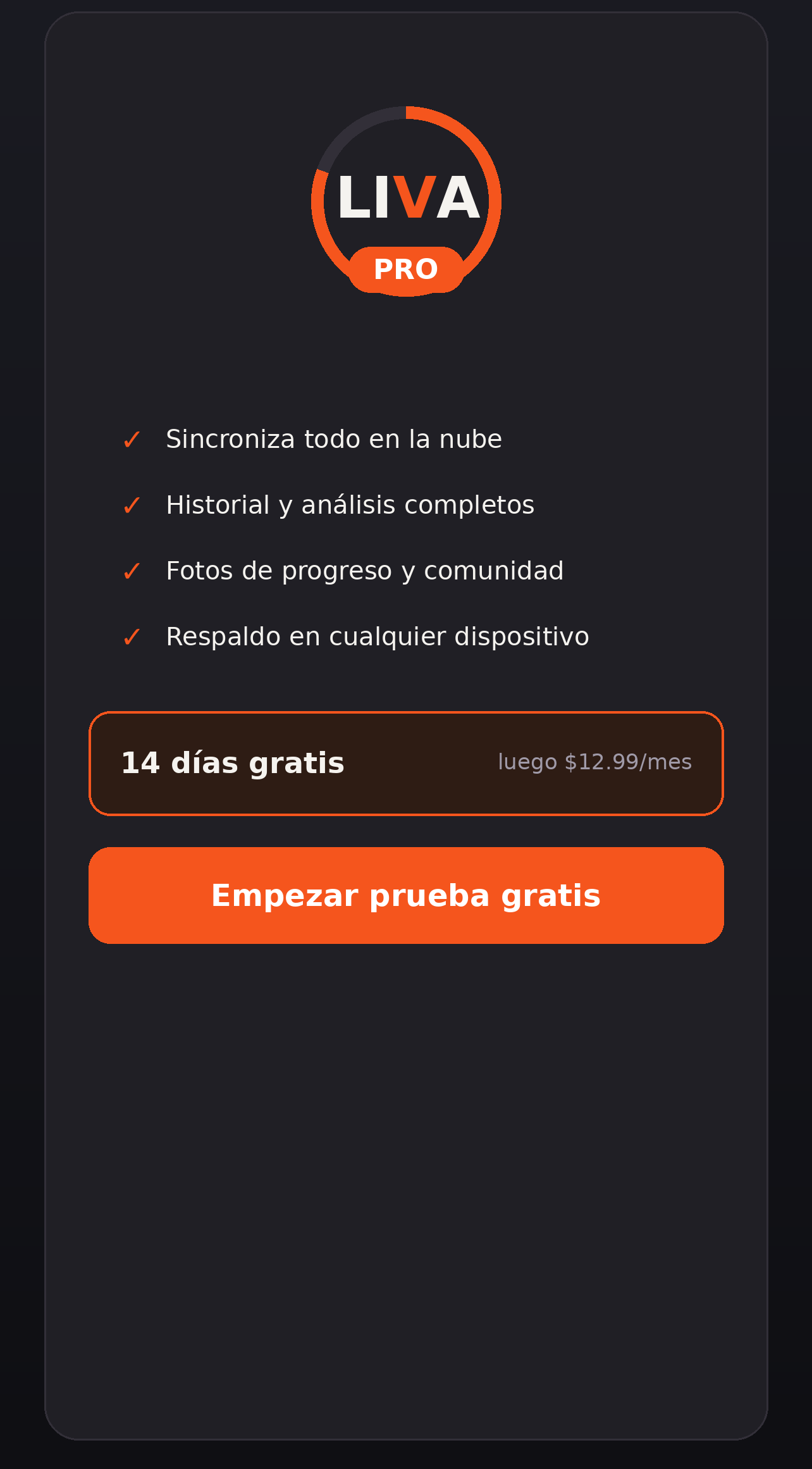 Pantalla de LIVA Pro con planes anual y mensual